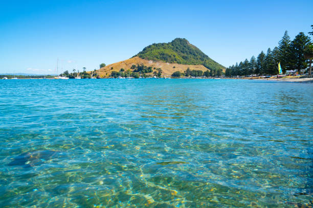 Mount Maunganui at northern end Pilot Bay Tauranga New Zealand - Mount Maunganui at northern end Pilot Bay beyond turquoise water mount maunganui stock pictures, royalty-free photos & images