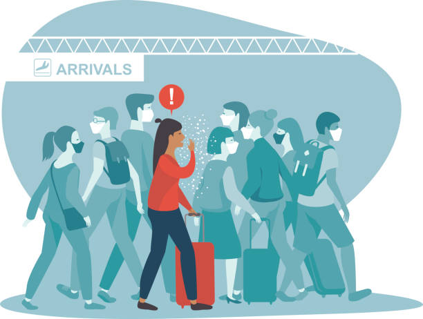 woman coughing spreads virus or bacterial infection in airport arrival area vector art illustration