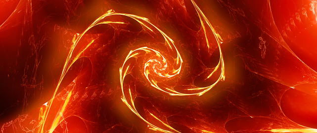 Fiery glowing artificial spiral virus, computer generated abstract widescreen fractal background