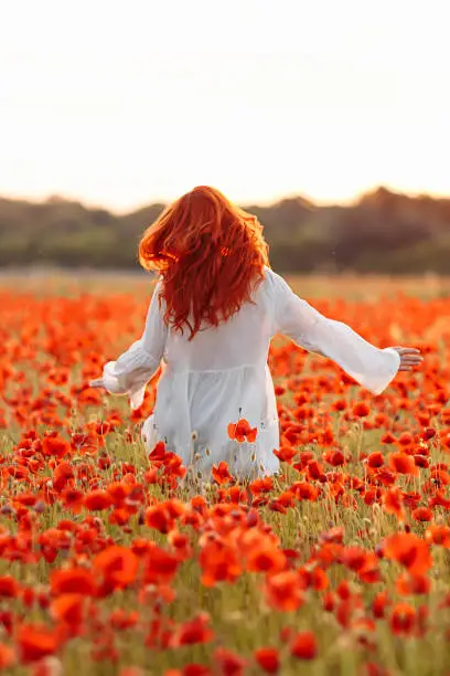 Photo of Happy redhead smiling woman in white dress on field of poppies at summer sunset