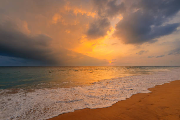istock Foamy waves on sandy ocean beach under a beautiful sunset sky with clouds on Sri Lanka island. 1209296882