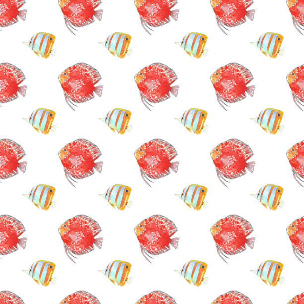 istock Seamless pattern of discus and butterfly fish. Hand drawing sketch on white background. Watercolor illustration 1209298533