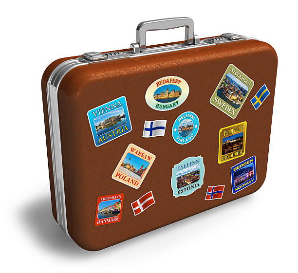 istock Leather travel suitcase with labels 120930206