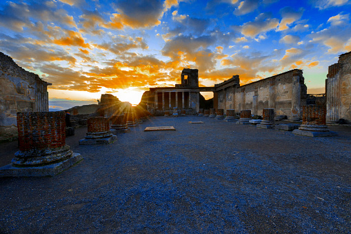 Sunset over ancient ruins of Pompeii