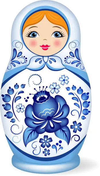 Vector illustration of Russian nesting doll. Babushka or Matryoshka. Decorated with Gzhel, Russian traditional painted floral pattern.