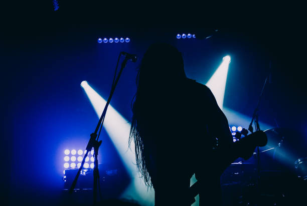 Basist, member of the metal band, performing live on stage. Silhouette and blue stage lights Basist, member of the metal band, performing live on stage. Silhouette and blue stage lights hair band stock pictures, royalty-free photos & images