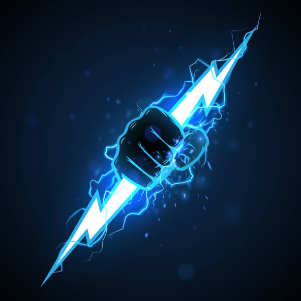 Fist with blue lightning illustration Fist with blue lightning illustration in vector zeus stock illustrations