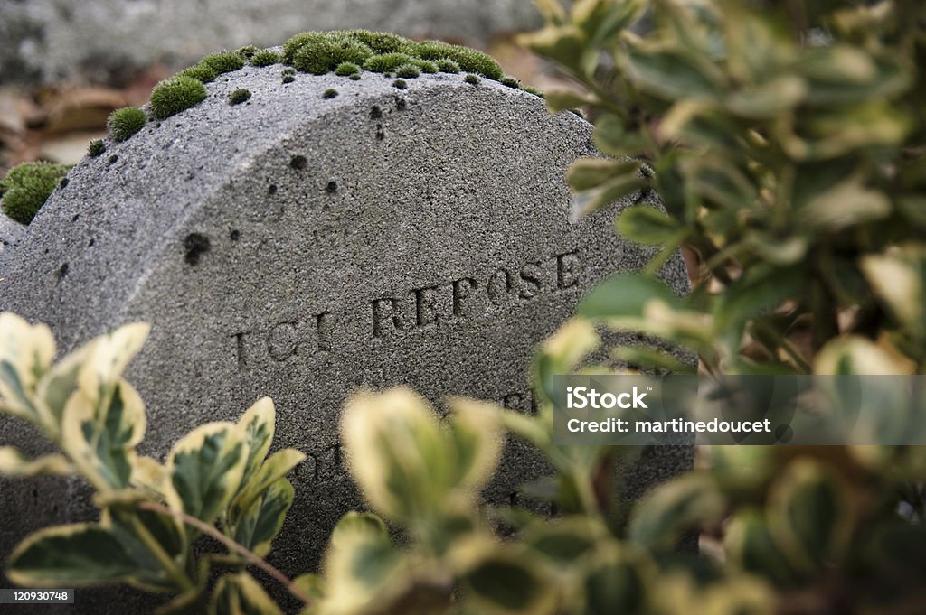The words of regret series "Ici repose" (here rest) engraved in a tombstone in the Pere-Lachaise Cemetery, Paris, France. Afterlife Stock Photo