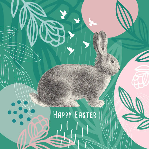 Happy Easter Message Easter Bunny On Floral Pattern Happy Easter Message Easter Bunny On Floral Pattern. An original artwork vector illustration with typography. This inspirational design can be a postcard, web banner, shop window, invitation, poster or flyer. easter drawings stock illustrations