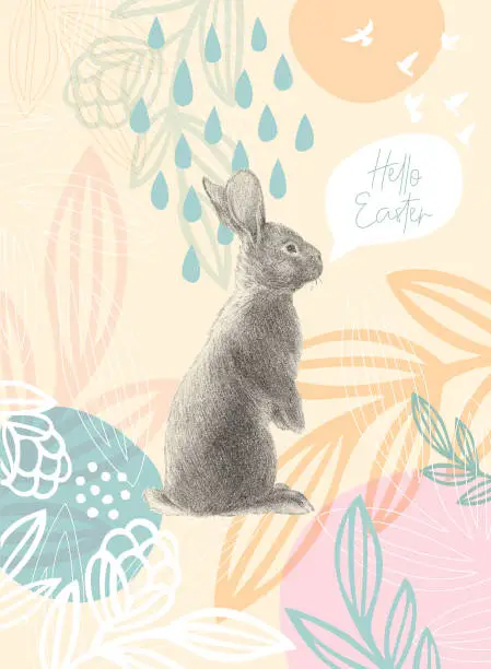 Vector illustration of Easter Rabbit On Floral Pattern Happy Easter Message
