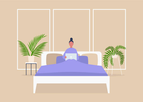 junge weibliche figur liegt im bett mit computer, schlafzimmer interieur, millennial lifestyle - series isolated indoors contemporary stock-grafiken, -clipart, -cartoons und -symbole