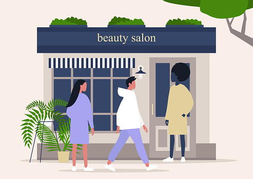 Beauty salon storefront, hairdresser studio exterior, characters standing and walking nearby
