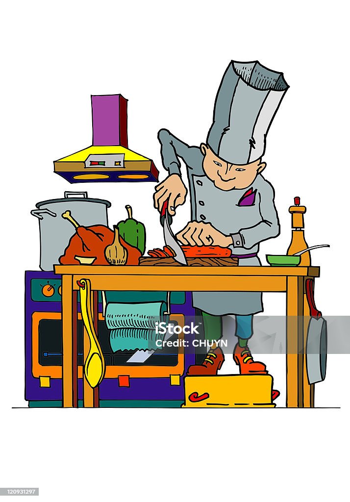 Szef kuchni zajęty - Grafika wektorowa royalty-free (Blat kuchenny)