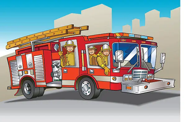 Vector illustration of A cartoon red fire engine with crew