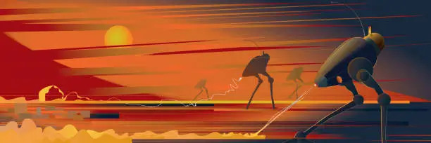 Vector illustration of Aliens attack. Combat walkers shoot with heat rays.
