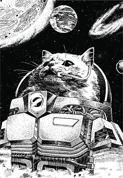 Astronaut Cat Wearing A Space Suit With Planets Floating Around Him Vector file of an astronaut cat commander wearing a space suit, orbiting in space with planets all around him. Concept for a vision of future. pen and ink stock illustrations
