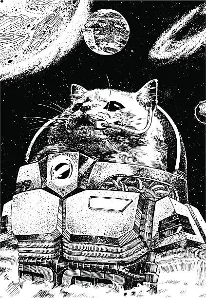Vector illustration of Astronaut Cat Wearing A Space Suit With Planets Floating Around Him