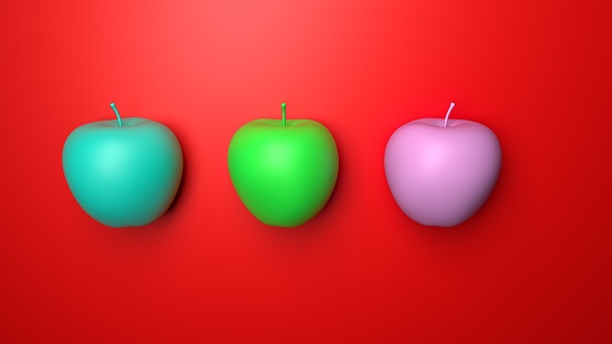 Three colorful apple with red background