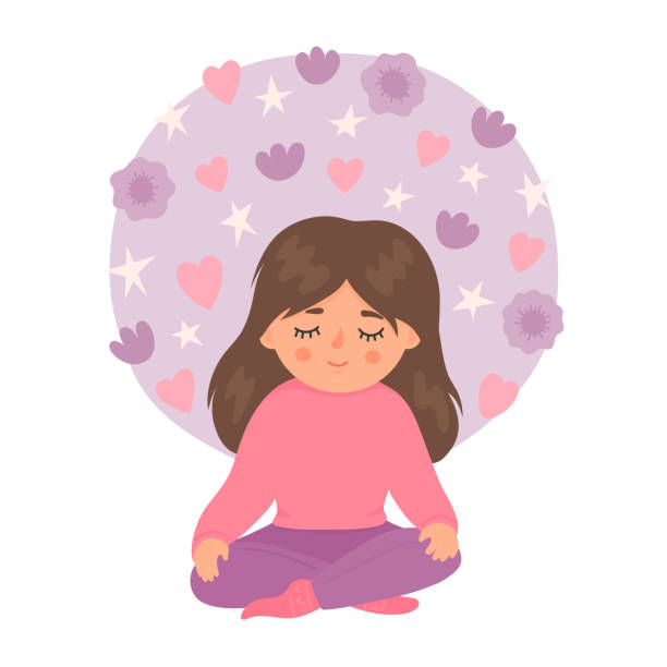 ilustrações, clipart, desenhos animados e ícones de menina bonita meditando. - child little girls single flower flower