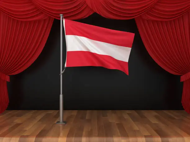 Photo of AUSTRIA Flag with Red Stage Curtains - 3D Rendering