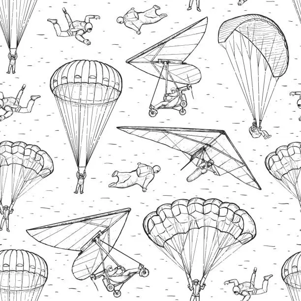 Vector illustration of Extreme sports sketch seamless vector pattern. People performing parachuting, hang glider,