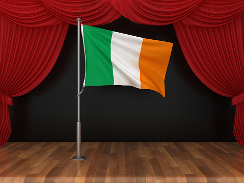 IRISH Flag with Red Stage Curtains - 3D Rendering