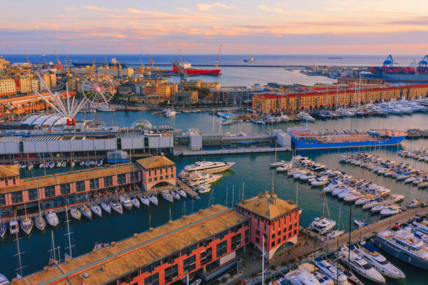 Porto Antico Old Port Genoa Italy aerial view Porto Antico Old Port Genoa Italy aerial view old port photos stock pictures, royalty-free photos & images