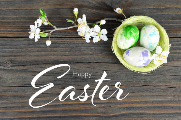istock Easter eggs in nest and spring flowers on wooden background 1209321831