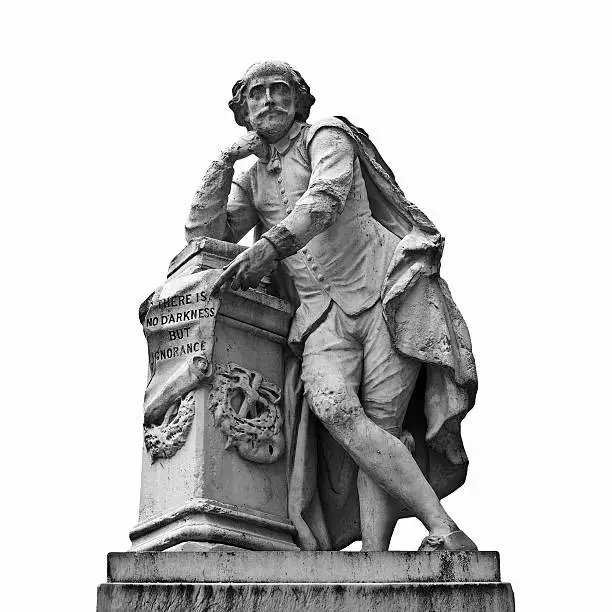 Statue of William Shakespeare (year 1874) in Leicester square, London, UK - isolated over white background