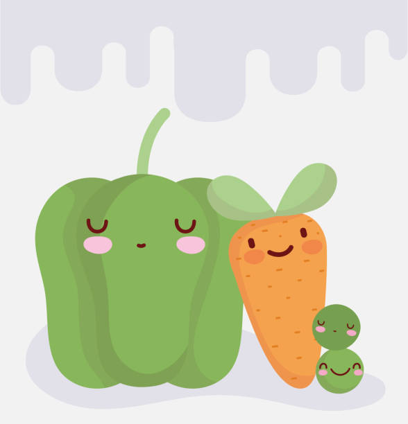 pepper carrot and peas menu character cartoon food cute pepper carrot and peas menu character cartoon food cute vector illustration happy green peas stock illustrations