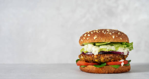 istock Vegan lentils burger with vegetables on light gray background 1209324044