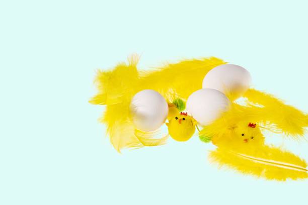 istock Close up view of white eggs and yellow feathers and chick figures isolated on blue  background. Easter concept. 1209324210