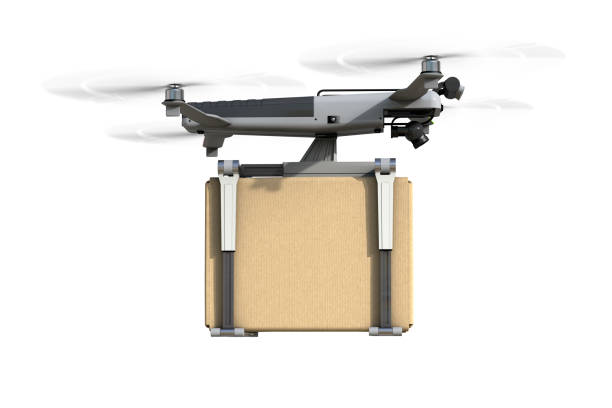 istock A drone is flying with a cardboard box. Isolated on white. Realistic 3d Rendering 1209324246