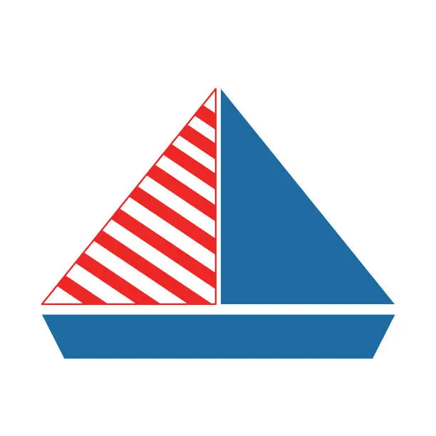 Vector illustration of Vector sailboat isolated on white background. Cruise boat and ship. Small yacht. Stripes on triangular sails. Classic blue and red. Simple flat illustration. Cartoon style. For kids, logo, icon, web