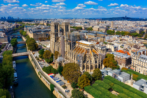 Repairing Notre Dame cathedral in Paris Aerial view