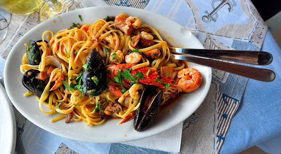 plate of fettuccine with seafood Trapani Sicily
