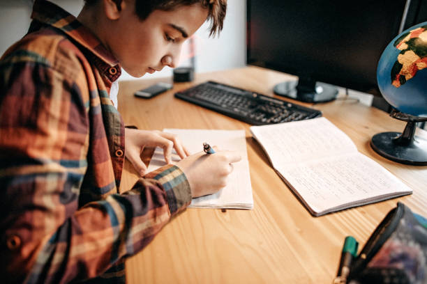 istock Teenage boy doing homework at home 1209335442