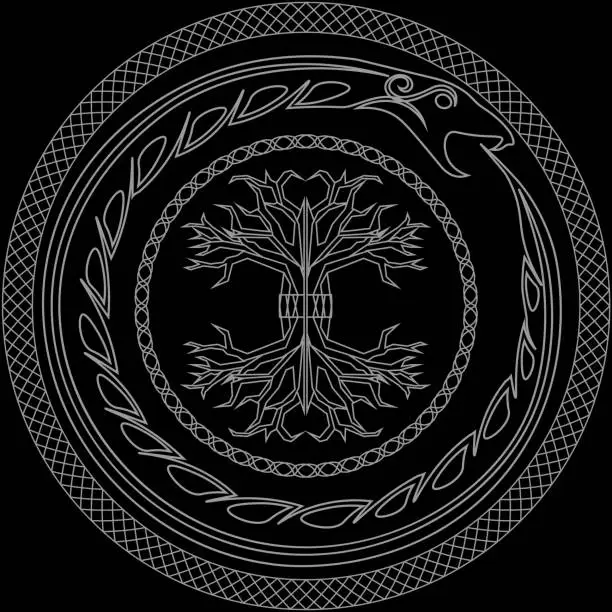 Vector illustration of Contour yggdrasil and ouroboros in ornamented circles on black background