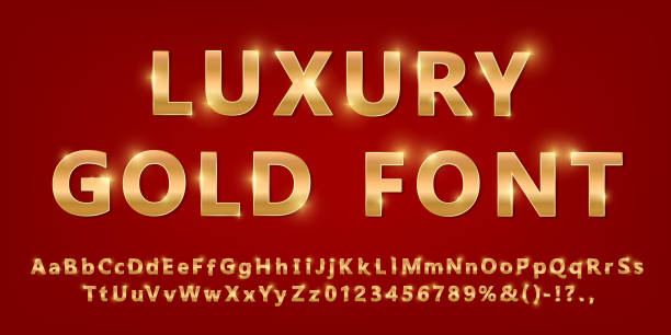 빨간색 배경에 격리 된 빛나는 현대 골드 글꼴 - gold alphabet text typescript stock illustrations