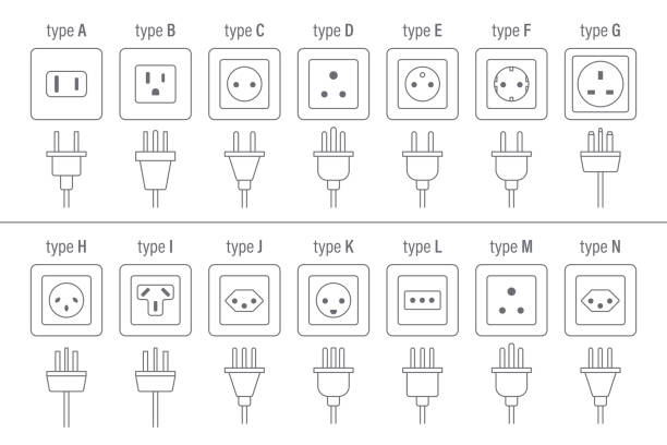 ilustraciones, imágenes clip art, dibujos animados e iconos de stock de enchufes y enchufes de alimentación de ca - todos los tipos - vector - wired