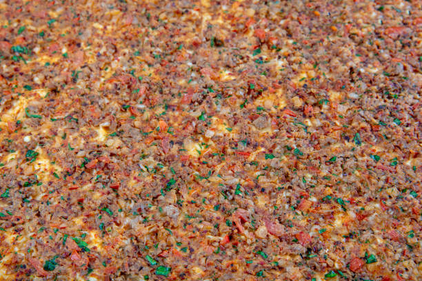 Lahmacun detail.  Delicious Turkish pizza lahmacun closeup shot.