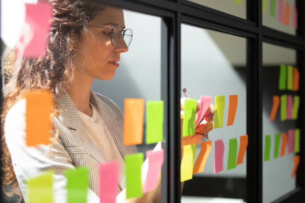 istock Close up of millennial female collaborate strategy on sticky notes 1209353318