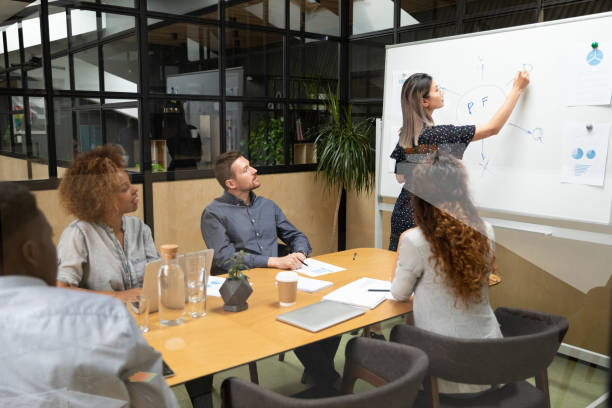 istock Female employee presenting plan on board for diverse colleagues 1209353349