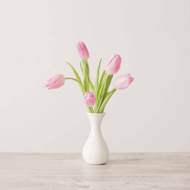 istock pink tulips in white ceramic vase on wooden table on background white wall 1209354339