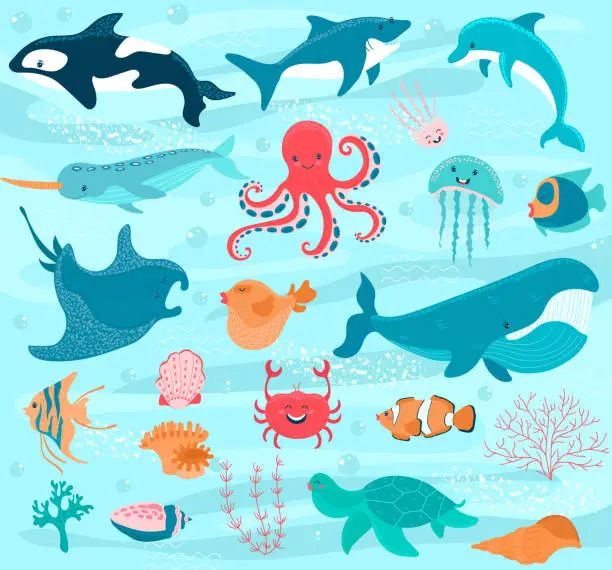 Vector illustration of Underwater world cartoon, ocean animals, vector illustration