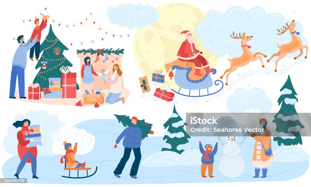 Happy Family Celebrating Christmas Winter Outdoor Time Cartoon Stock  Illustration - Download Image Now - iStock