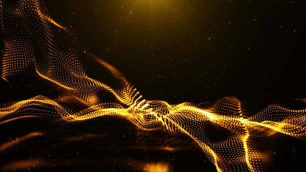 istock Digital particles wave flow gold color with bokeh abstract motion background concept 1209358142