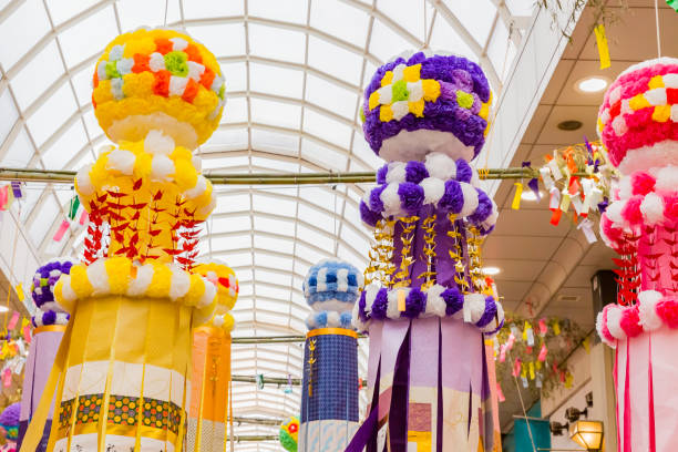 istock tanabata ornaments decorated over walking street, japan 1209369209
