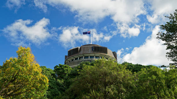The Beehive above the trees - New Zealand parliament building The Beehive above the treeline - New Zealand parliament building with flag flying on a sunny day beehive new zealand stock pictures, royalty-free photos & images