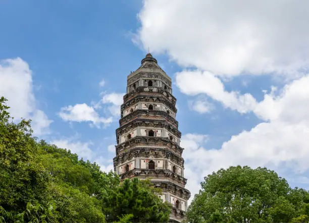 Huqiu Tower or Tiger Hill Pagoda, situated on Tiger Hill, Suzhou, Jiangsu, also known as the Leaning Tower of China. Historic architecture. Heritage. Tourist attraction.